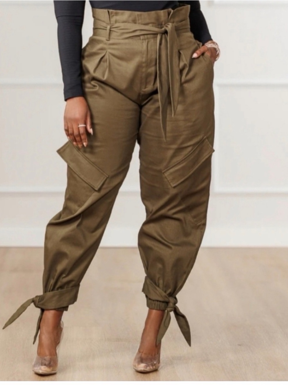 NWT J. Brooks Boutique Olive Paperbag Waist Cargo Pants Tie Ankle Stretch 1XL